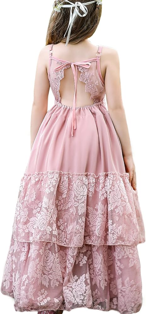 Lace Boho Flower Girl Dress Backless Bridesmaid Formal Tulle Party Little Girls Birthday Dresses Holiday