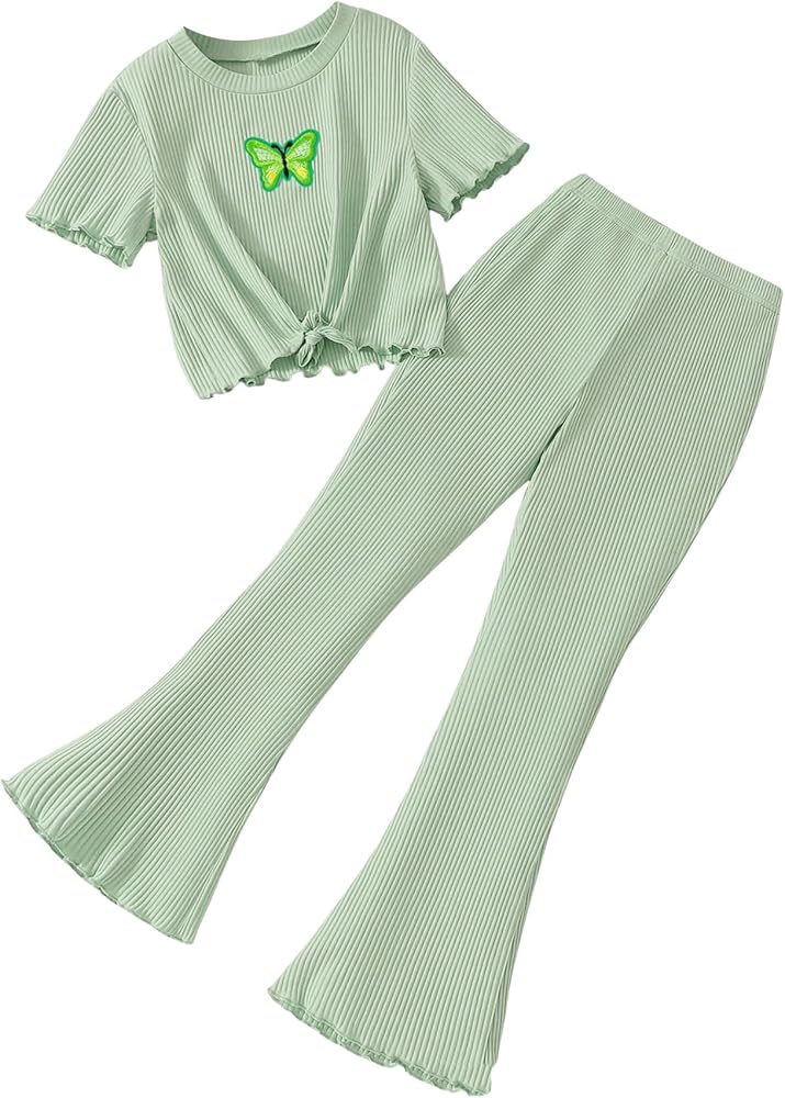 WDIRARA Girl's Butterfly Patched Knot Front Lettuce Trim Tee & Flare Leg Pant 2 Piece Rib Knitted Textured Summer Sets