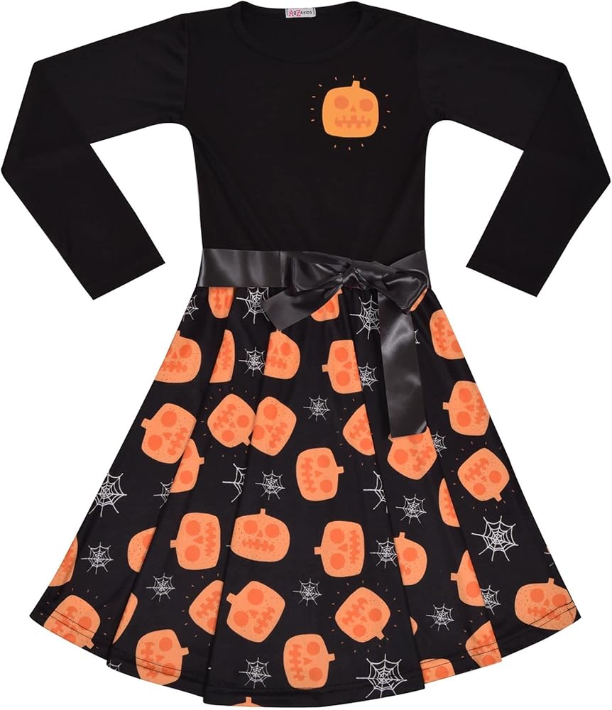 A2Z Kids Girls Skater Dress Long Sleeves Black Panelled Pumpkins Print Halloween Party Fashion Dresses Age 5-13 Years