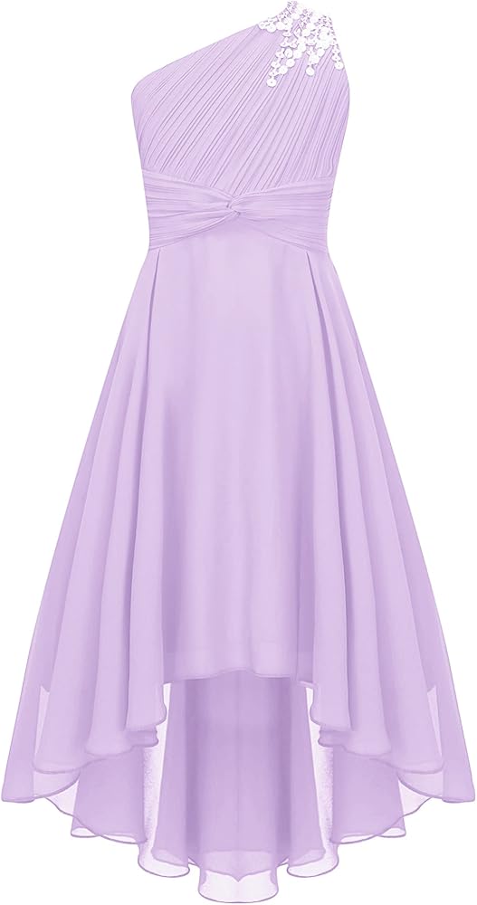 Kids Girls Junior Bridesmaid Dress Shiny Beaded One Shoulder Chiffon High Waist Princess Gowns