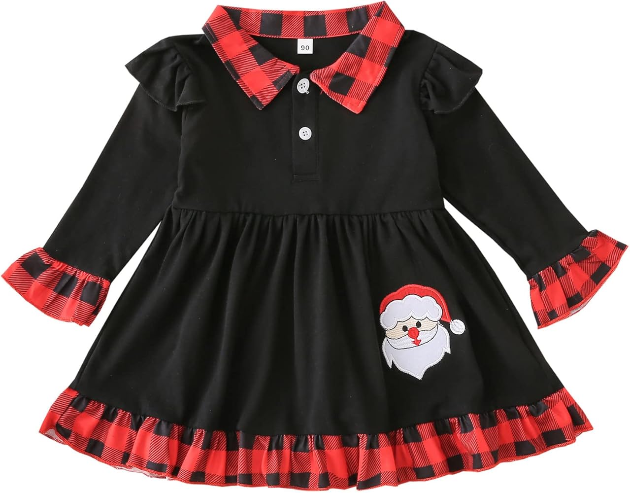 Quenny Christmas Children's New Dresses,Girls' Long-Sleeved Plaid Lapel Ruffle Dresses,Santa Head Print Dresses.