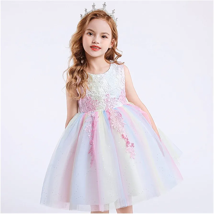 Children's mesh Summer Dress Princess Skirt Girls Flower Poor Skirt Dress (Color : Iridescent, Size : 130cm)