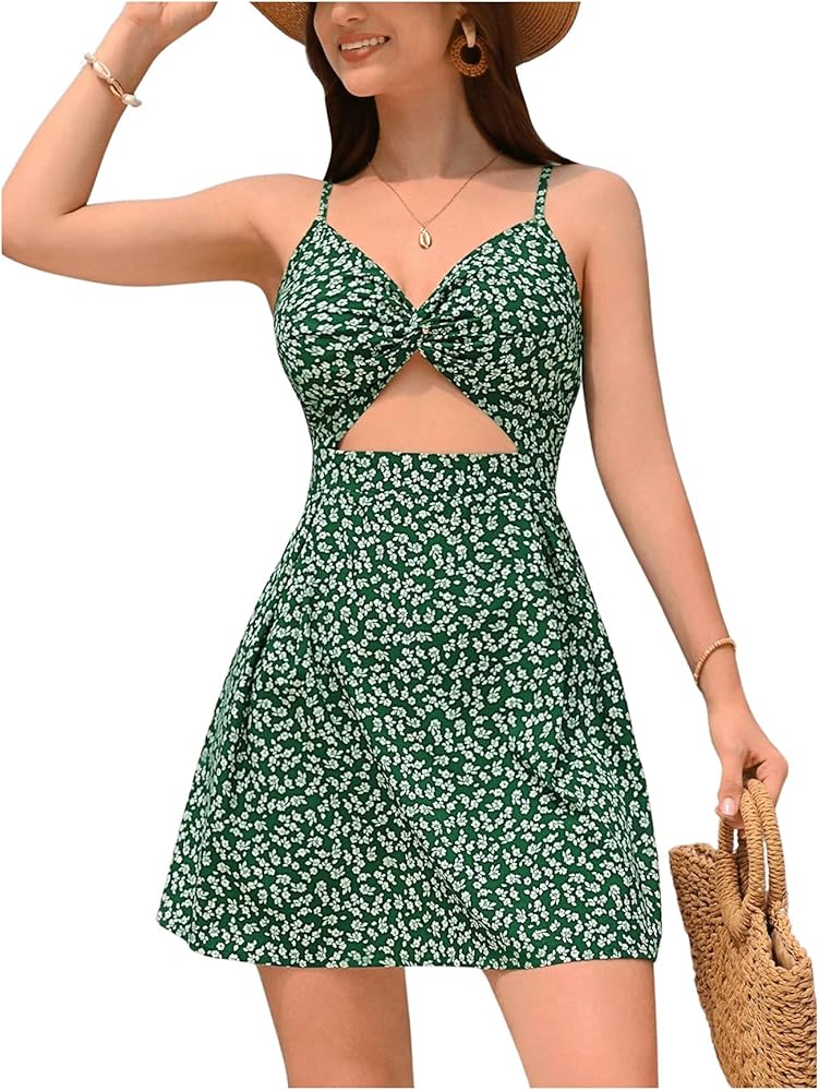 Floerns Girl's Floral Print Twist Front Cut Out Sleeveless Summer Cami Dress