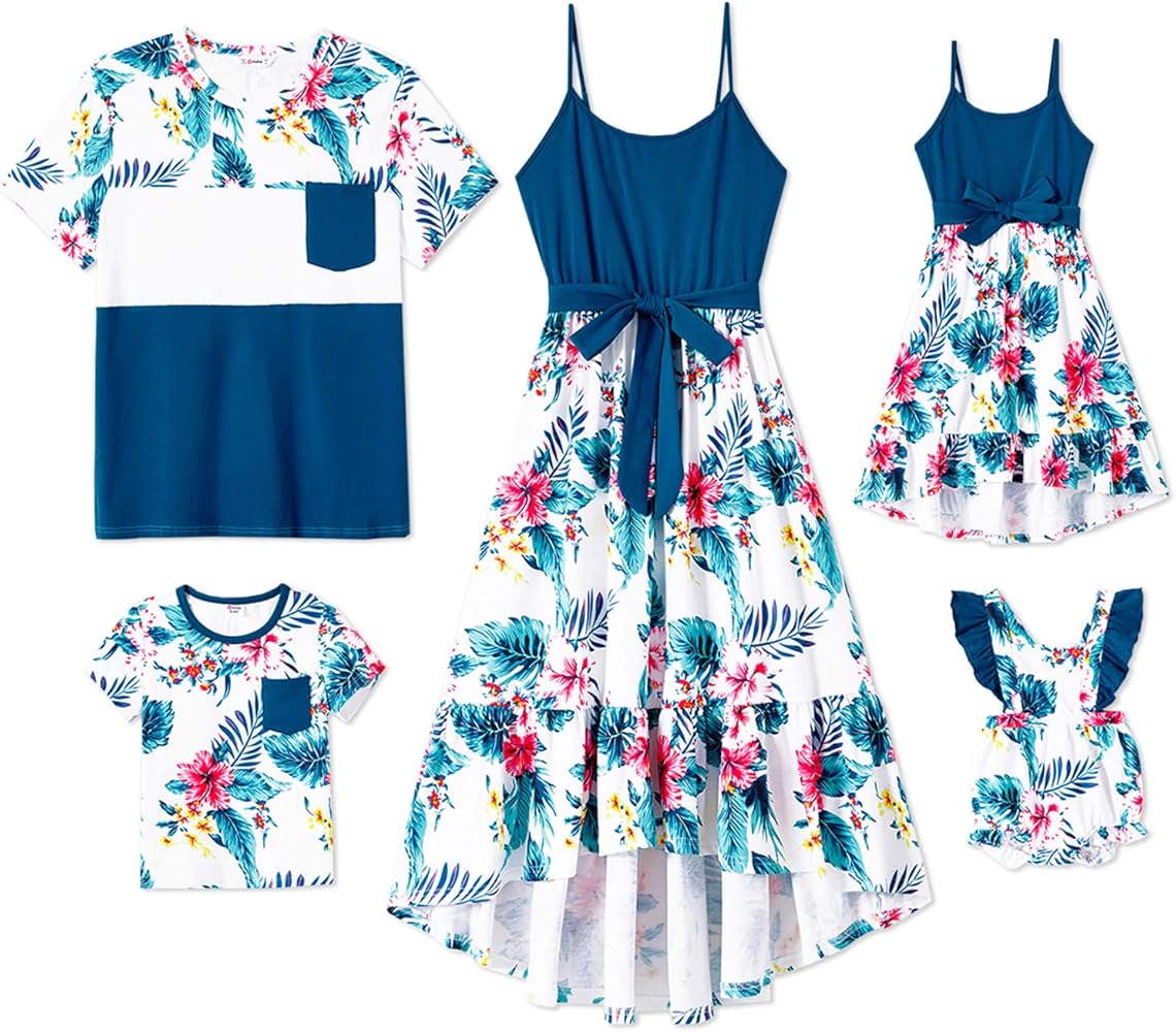 PATPAT Family Matching Outfits Mommy and Me Dress Tropical Boho Floral Leaf Print High-Low Hem Belted Spaghetti Strap Ruffle Casual Sundress and Short-Sleeve T-Shirts Sets Blue Toddler Girl 4-5 Years