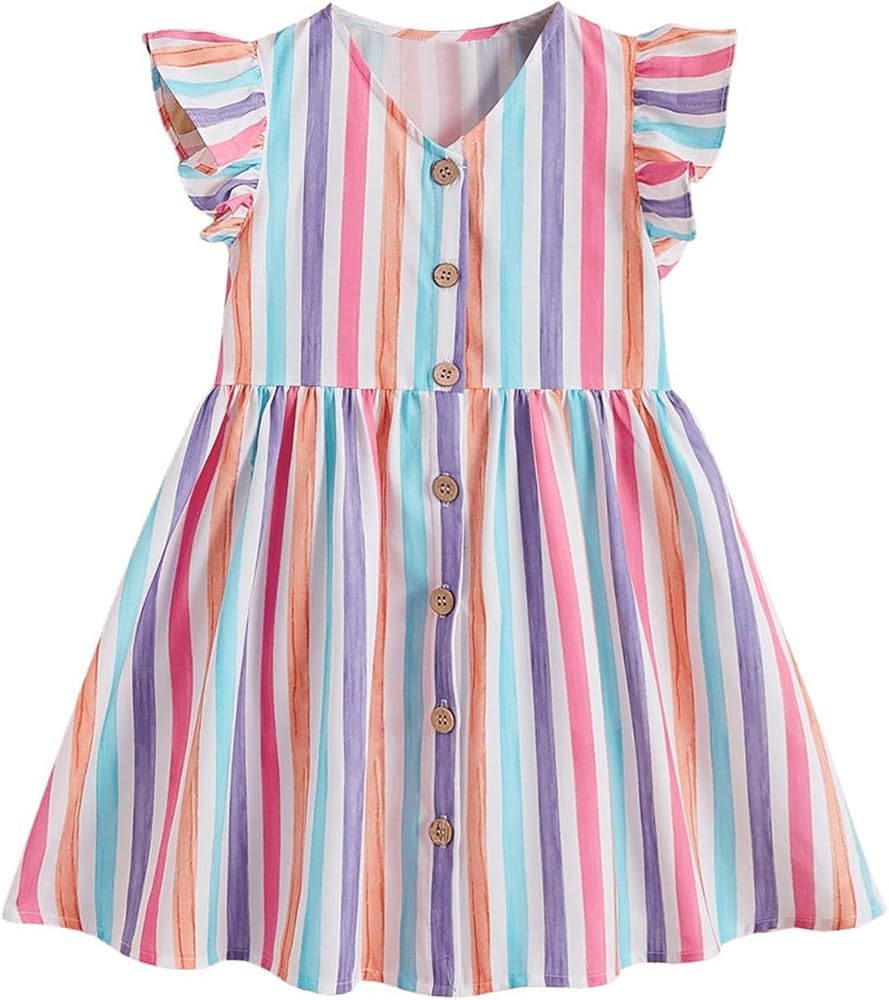 Girl's Ruffle Sleeve Dress Colorful Striped Button Down V Neck A Line Short Dresses