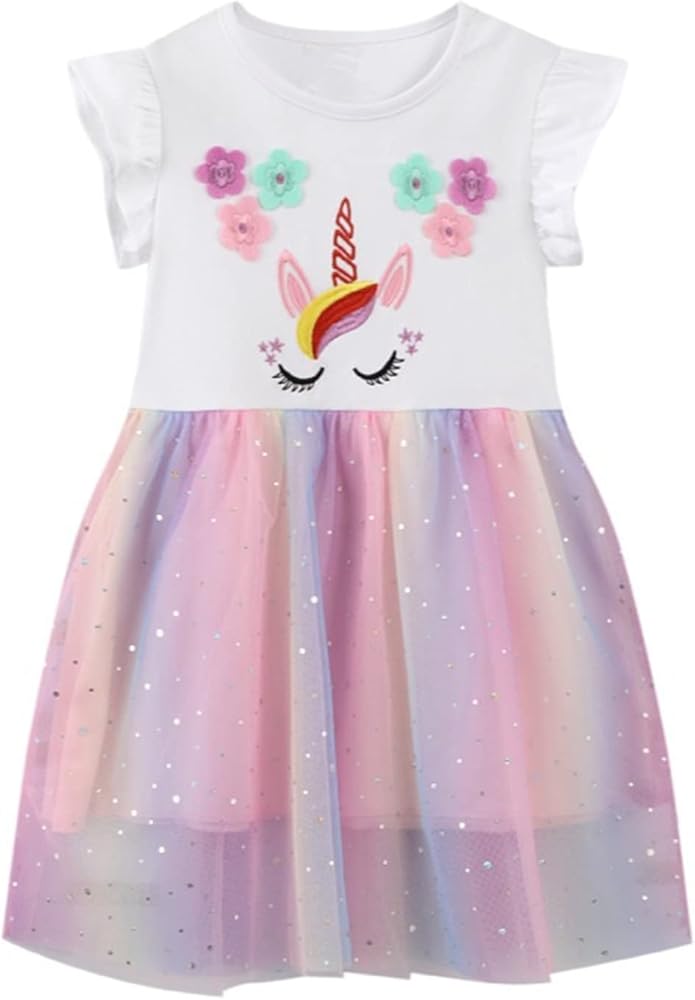 Girls Short Sleeve Unicorn Tulle Dress Cotton Casual Summer Spring Easter Tutu Skirt Birthday Party Dresses 7 Years