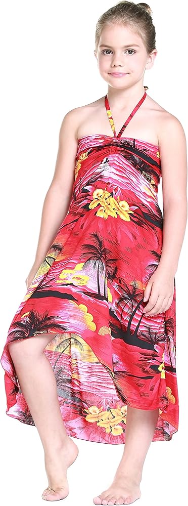 Girl Hawaiian Halter Dress in Red Sunset