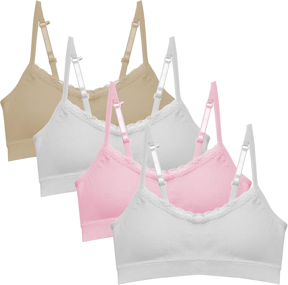 Popular Girls Training Bra Pack – Crop Cami Training Bras for Girls. Seamless Bra Removable Padding Lace Wht Nude Pnk L