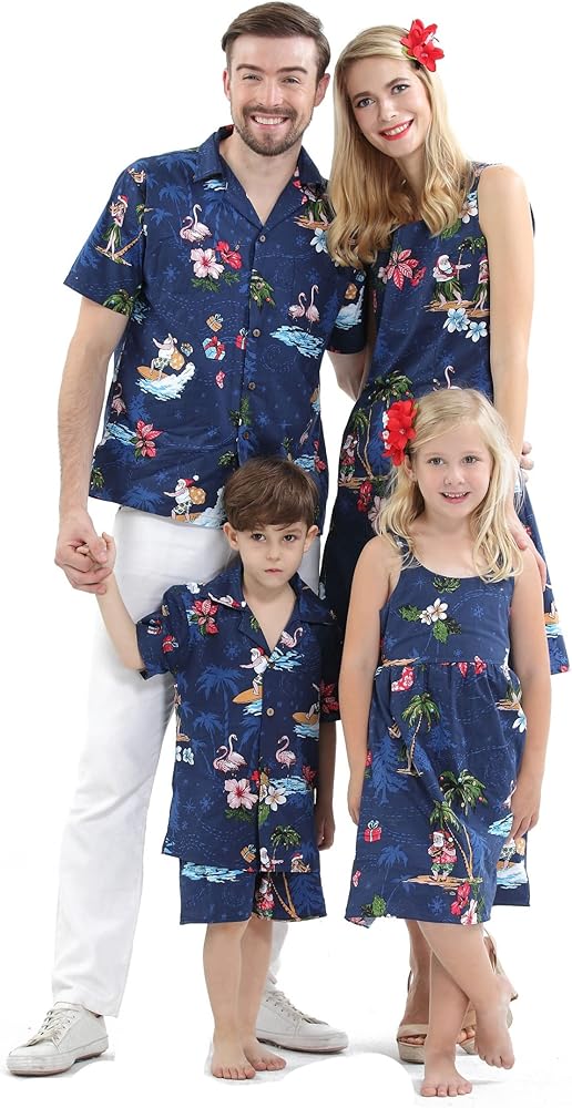 Matchable Family Hawaiian Luau Men Women Girl Boy Clothes in Christmas Santa in Hawaii Navy