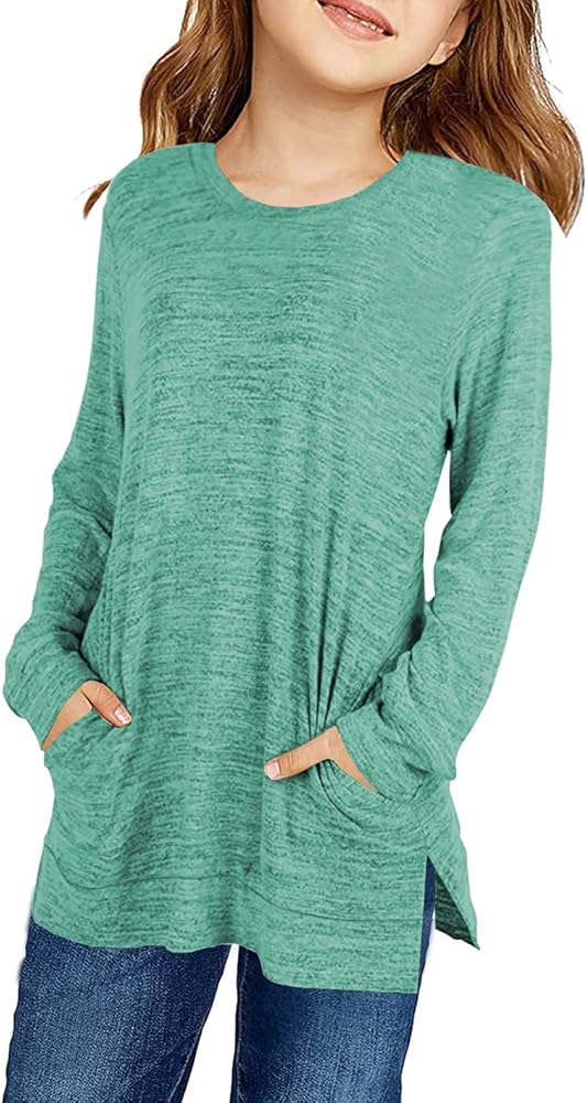 Dauocie Girls Long Sleeve Shirts Side Split Tunic Tops with Pocket Crew Neck Basic Shirt