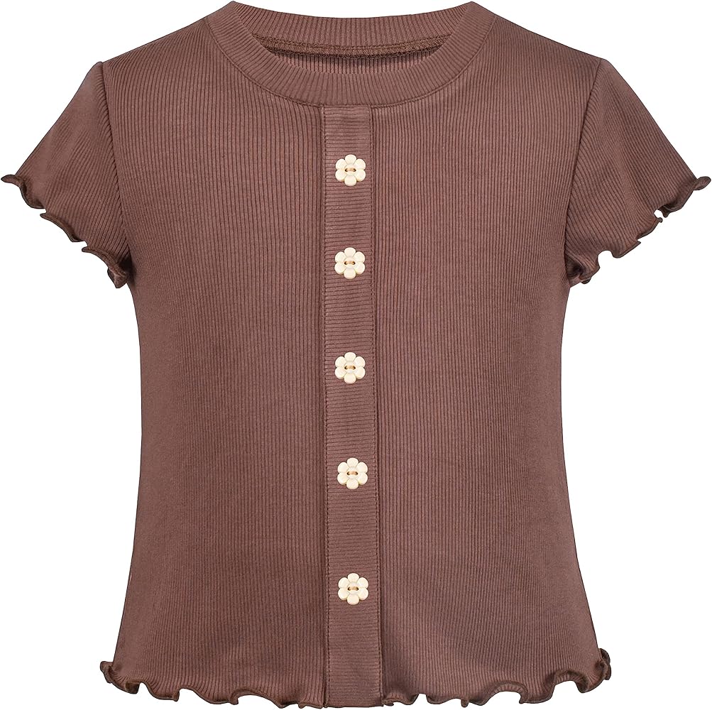 Sunny Fashion Girls T-shirt Crop Top Brown Lettuce Trim Ribbed Knit Button Casual