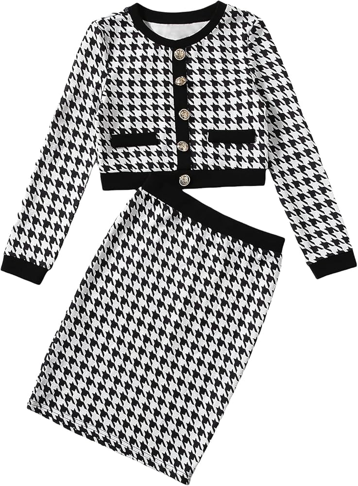 Milumia Girl's Two Piece Outfits Houndstooth Button Front Blazer Jacket and Skirt Sets