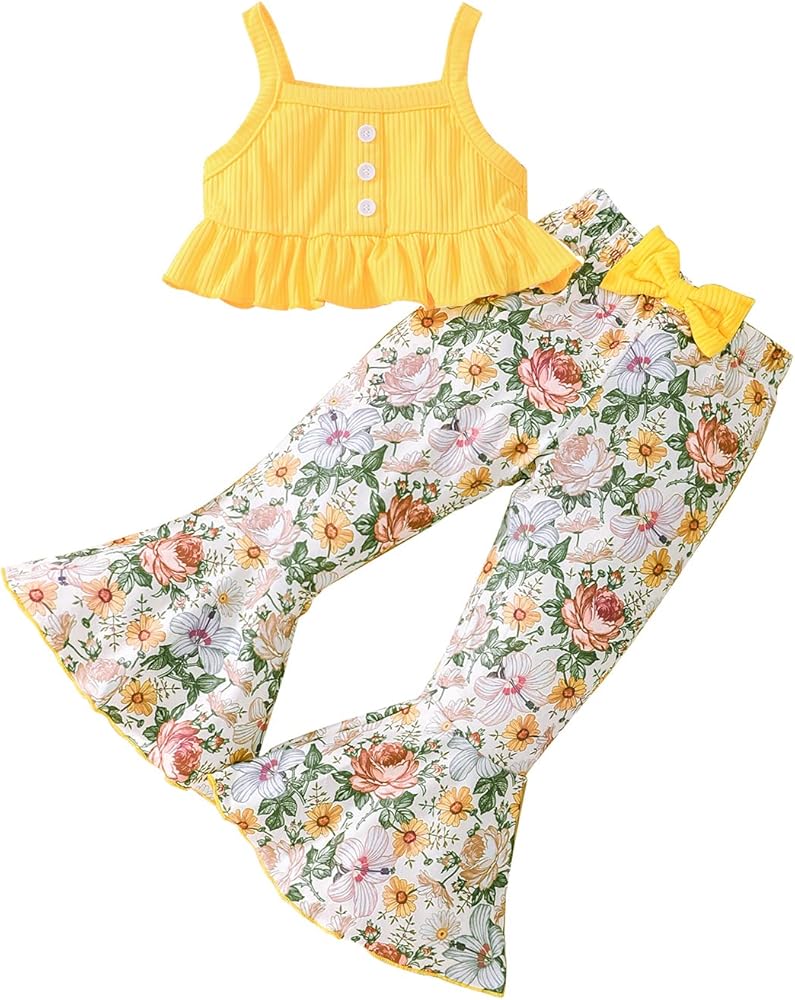 AMMENGBEI Girls 2 Piece Outfits Sleeveless Halter Crop Top Bell Bottoms Flare Pants with Headband Kids Summer Clothes Set