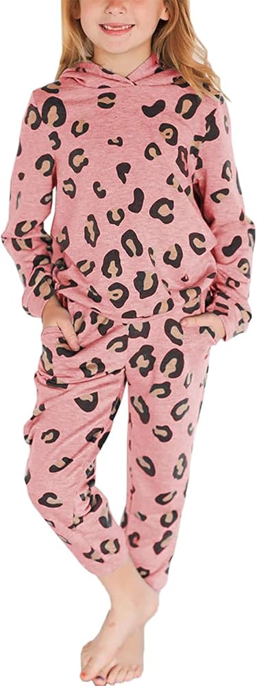 Dellytop Kids Girl's Cute 2 Pcs Tracksuit Jogger Outfits Leopard Long Sleeve Hoodie Tops and Legging Sweatpants Set