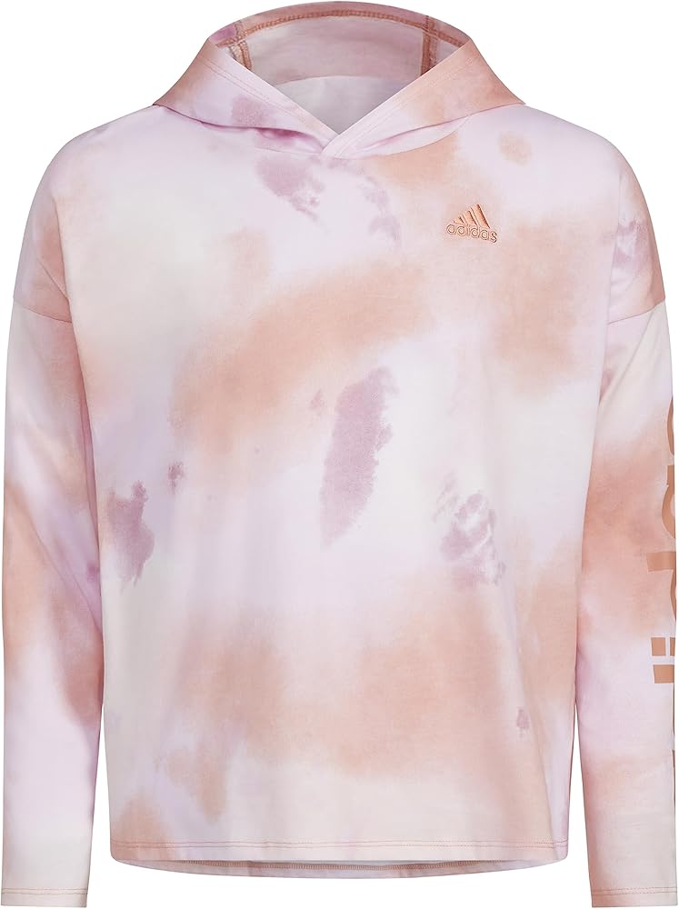 adidas Girls' Long Sleeve Printed Curve Hem Hooded Tee