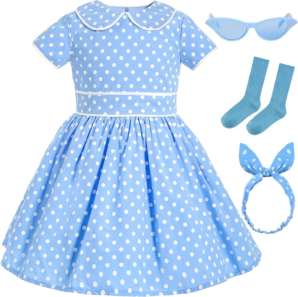 Leadtex Vintage 1950s Polka Dot Audrey Swing Dress 1950s Retro Party A-Line Dress for Girls with Glasses,Socks and Headband.