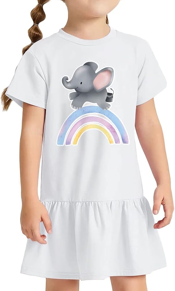 Cute Elephant Toddler Rib Dress - Rainbow Girls' Dress - Cartoon Toddler Dress