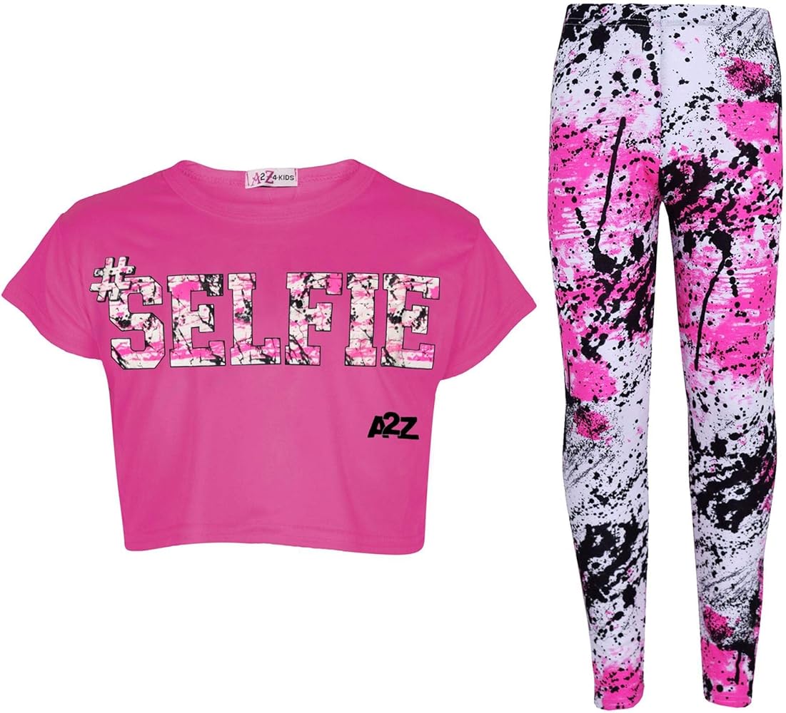 Girls #SELFIE Print Pink Crop Top Short Sleeves T Shirt And Splash Print Fashion Leggings Set Age 5-13 Years