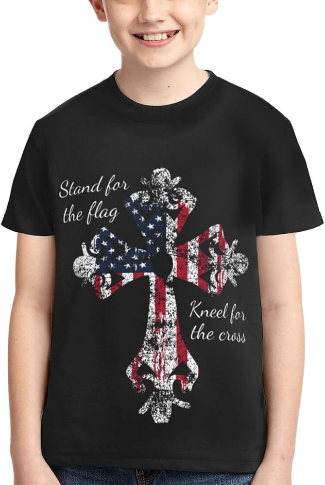 Stand for The Flag Kneel for The Cross Boys Girls Shirts Kids Short Sleeve Classic Crewneck Top Tee