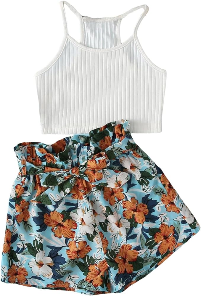 SHENHE Girl's 2 Piece Outfits Floral Sleeveless Crop Cami Top and Belted Shorts Set White and Blue 8Y