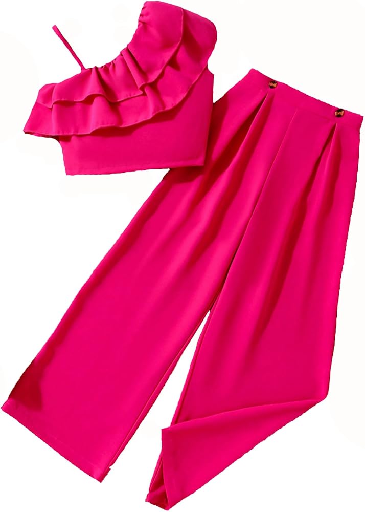 Milumia Girl's 2 Piece Outfits Layered Ruffle Trim Crop Blouse and Wide Leg Pants Clothing Sets