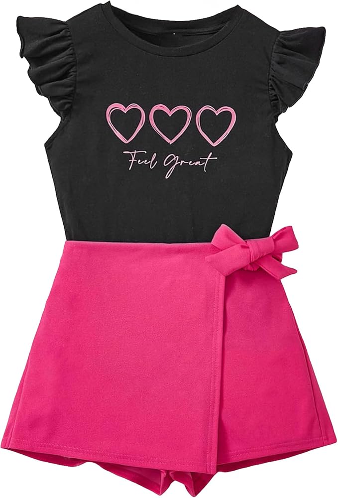 Floerns Girl's 2 Piece Outfit Ruffle Trim Cap Sleeve Tee Shirt with Skorts Set