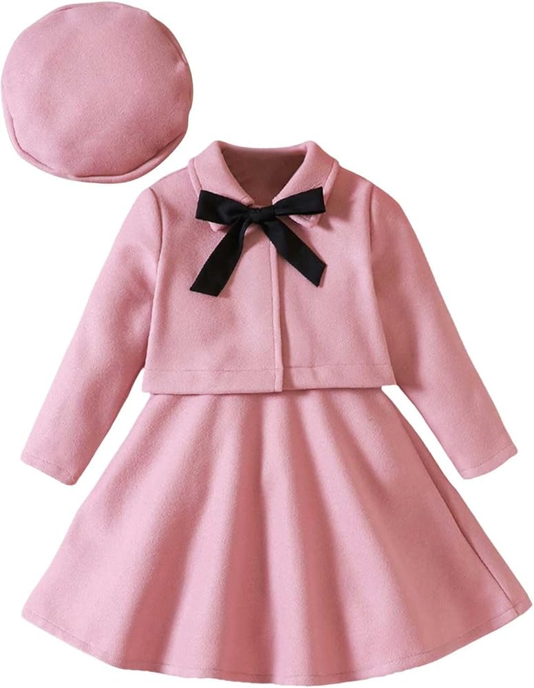 Toddler Baby Girl Mini Skirt Set Bow Long Sleeve Woolen Coat Dress Hat Suit Three Piece Set Cute Baby