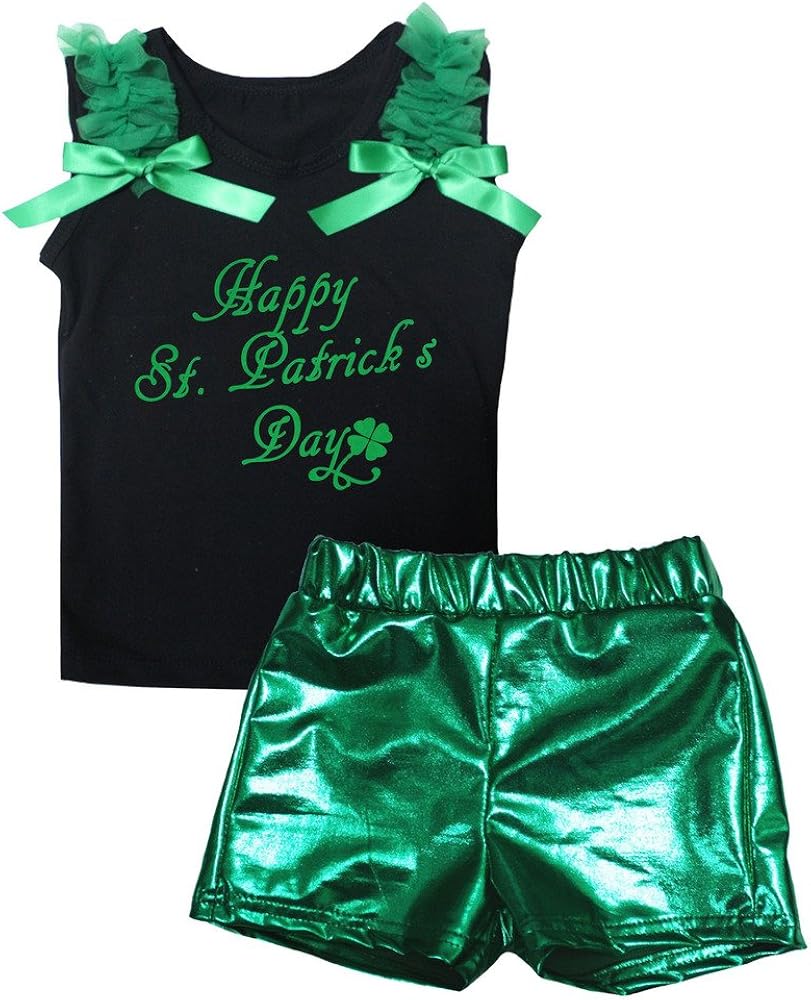 Petitebella Happy St. Patrick's Day Black Shirt Green Bling Short Set 1-8y