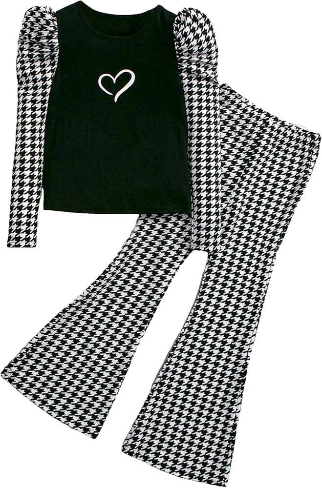 Milumia Girl's 2 Piece Outfits Houndstooth Print Puff Long Sleeve Tee and Flare Pants Set