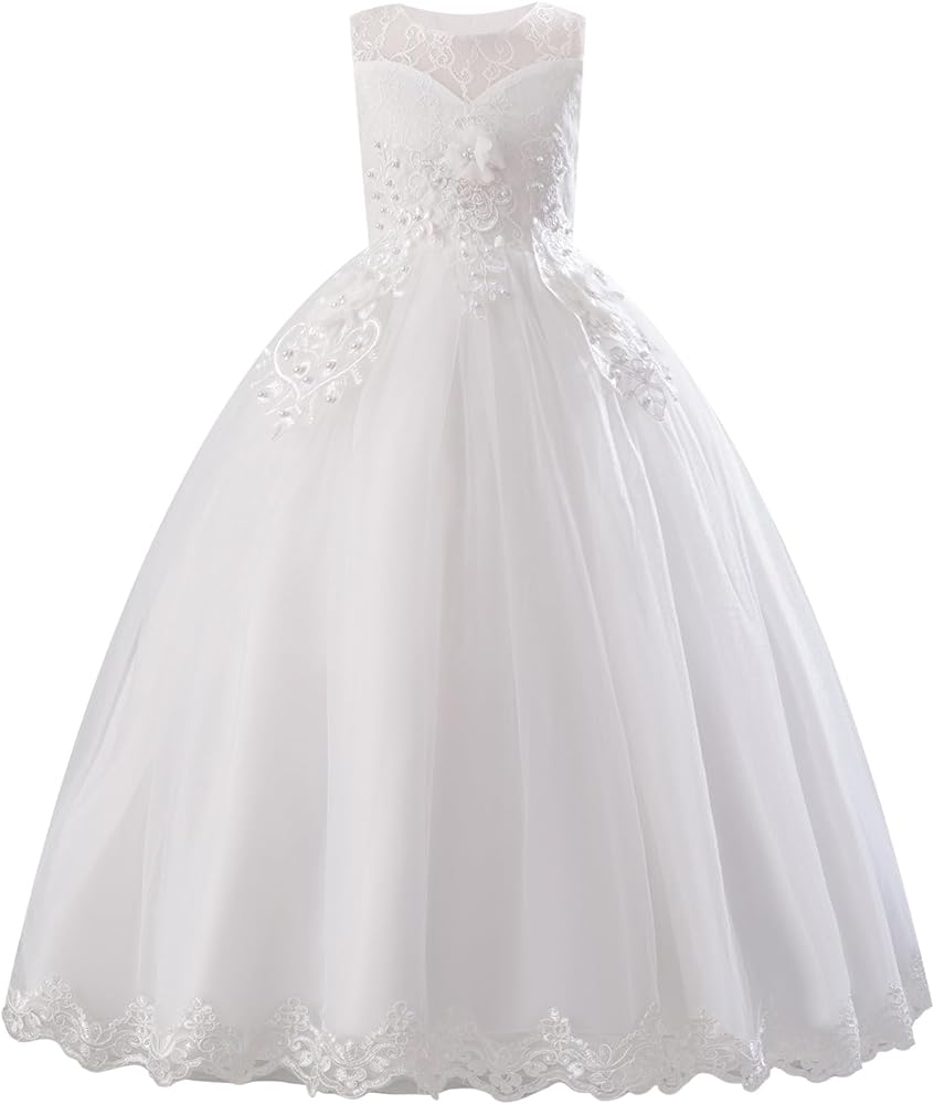 IDOPIP Flower Girl Lace Dress for Kids Wedding Pageant Formal Party Long Gown Princess First Communion Maxi Tulle Dresses