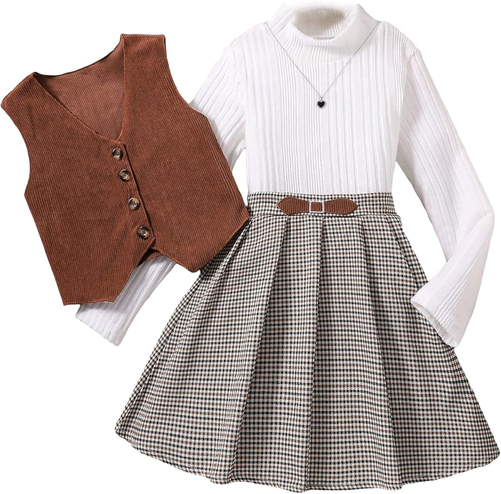 Floerns Girl's 3 Piece Outfit Tee Shirt Plaid Corduroy Skirts with Vest Blazer