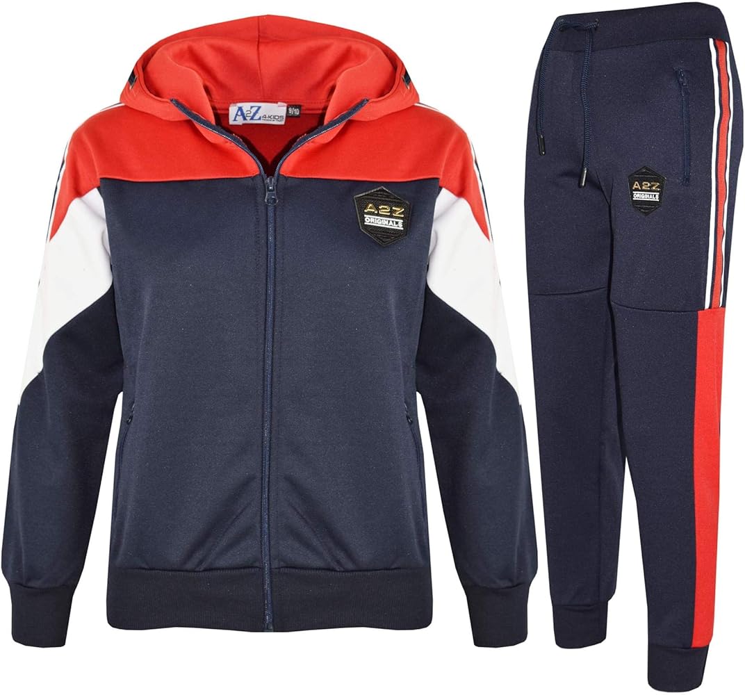 Kids Boys Girls Tracksuits A2Z Originals Panelled Navy Hooded Top Bottom Joggers