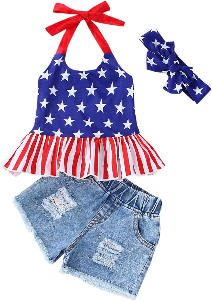 Toddler Girls Sleeveless Independence Day 4 of July Star Striped Prints Vest Tops Denim Shorts Outfits (BU2, 2-3 Years)