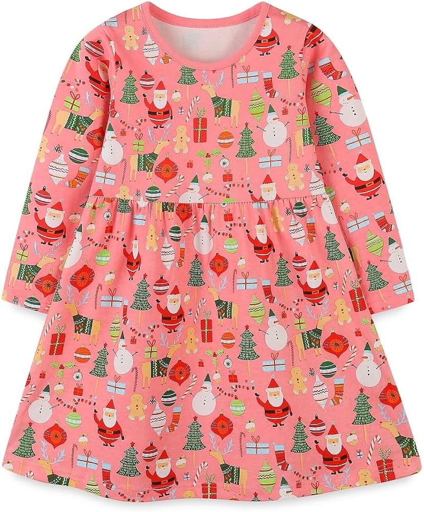 Hongshilian Girls Cotton Chirstmas Dress Long Sleeve Cartoon Appliques Casual Playwear Dresses