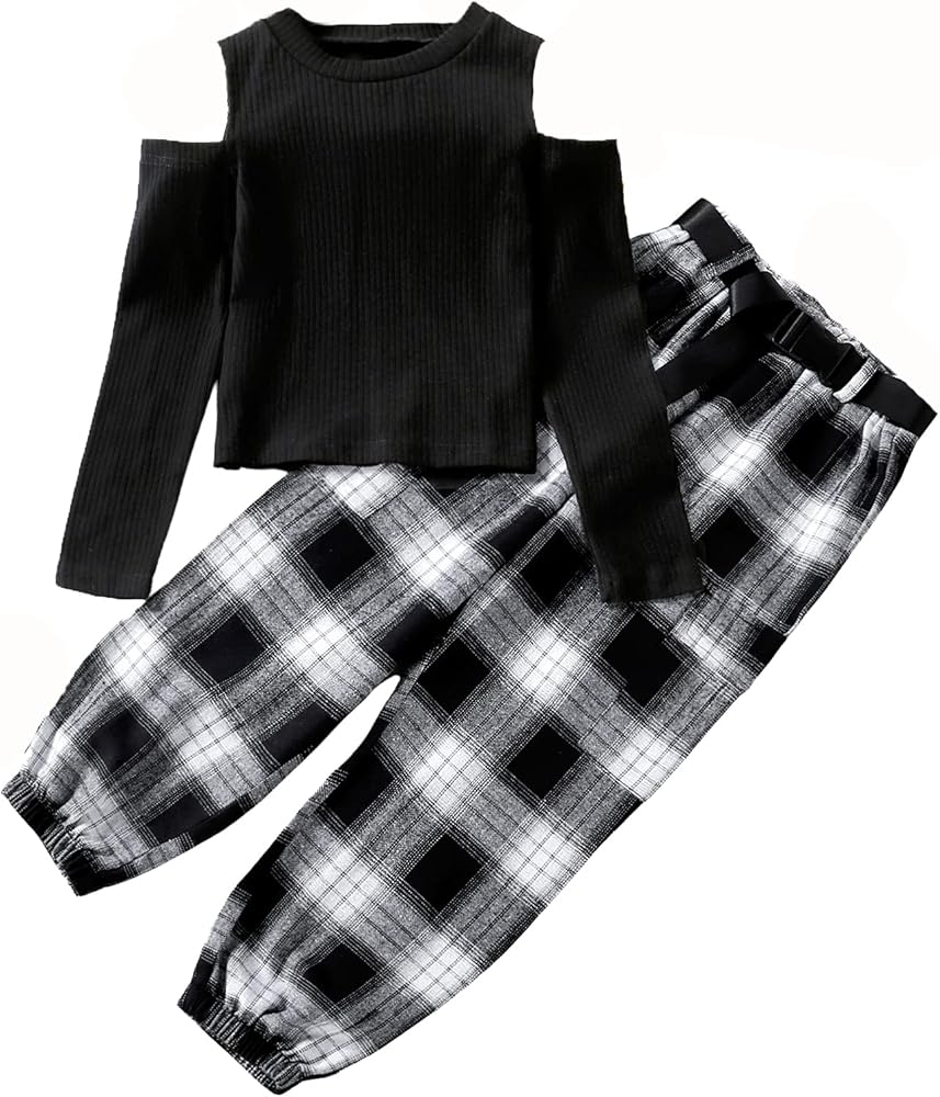 Milumia Girl's Two Piece Outfits Cold Shoulder Long Sleeve Tee and Belted Plaid Cargo Pants Set