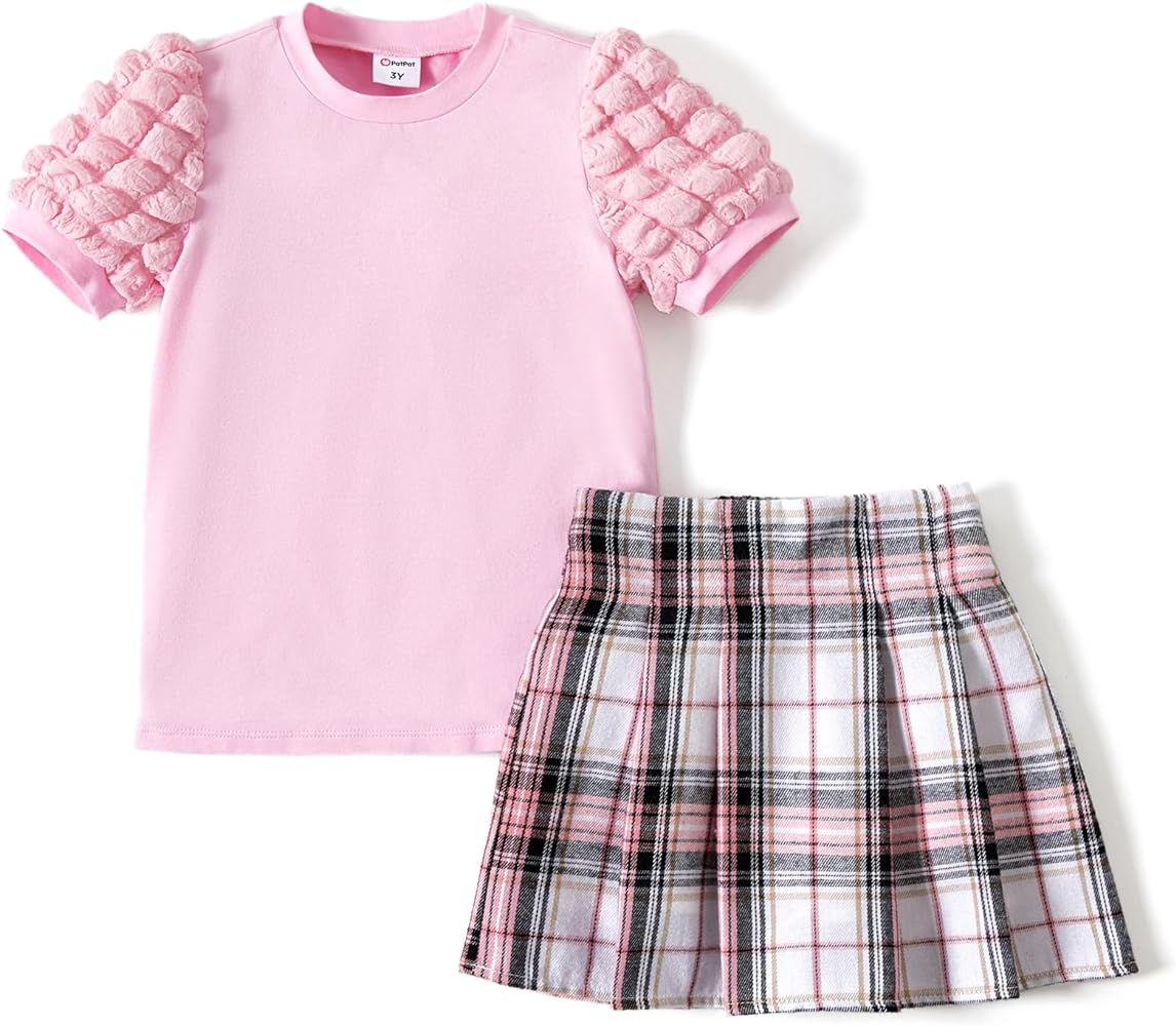 PATPAT Toddler Kids Girls 2 Pieces Skirt Set Short Puff Sleeve Shirt and Plaid Pleated Skirt Outfits