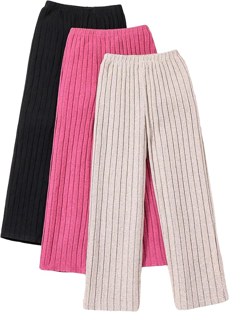 WDIRARA Girl's 3 Pieces Outfits Elastic Waist Straight Leg Casual Ribbed Knit Pants