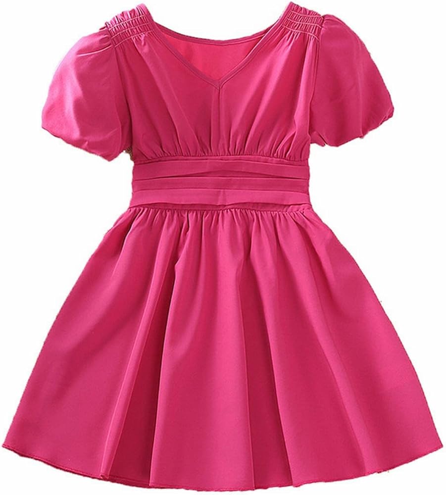 Kids Summer Fashion V Neck Waist Short Sleeve Princess Dress Girls Dress for Children Aged 4 7 Dress Set for Toddler Girl