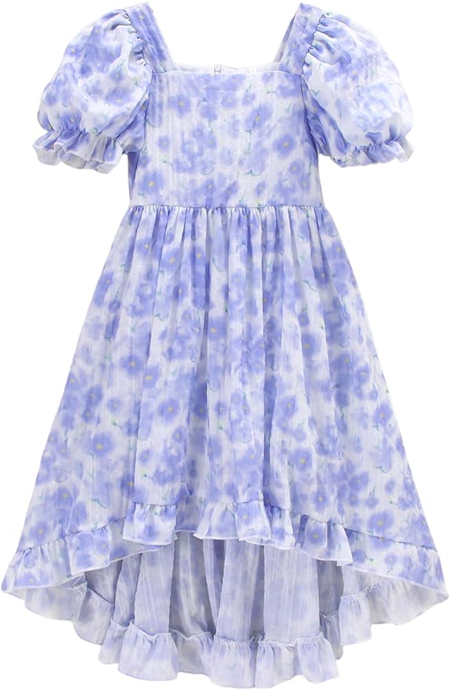 Girls Floral Dress Puffed Sleeves Boho Dresses Ruffle Casual Summer Square Neck Dressy Frocks for Kids Girls 7-12Y