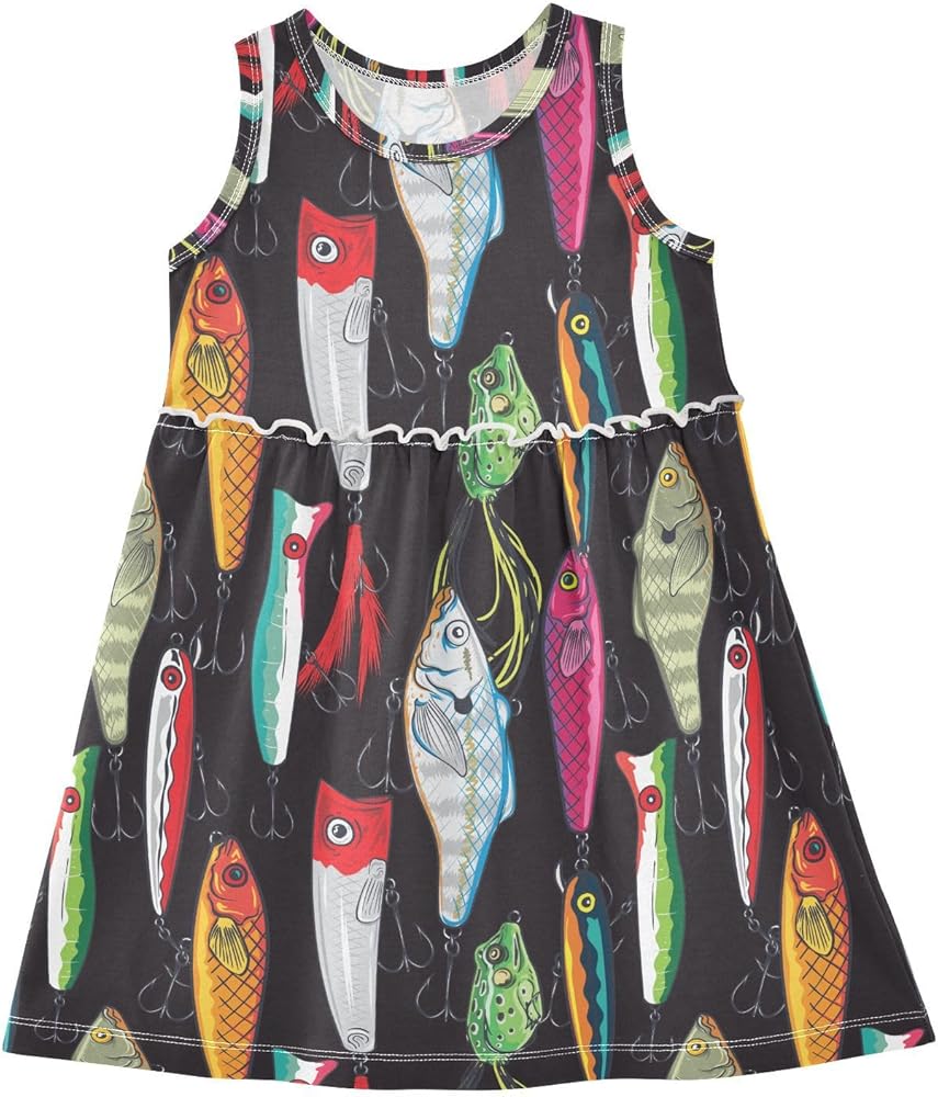 Colorful Fishing Lures Girls Dresses Sleeveless Girls Maxi Dress Toddler Dress for Kids Toddler Holiday Party,2T