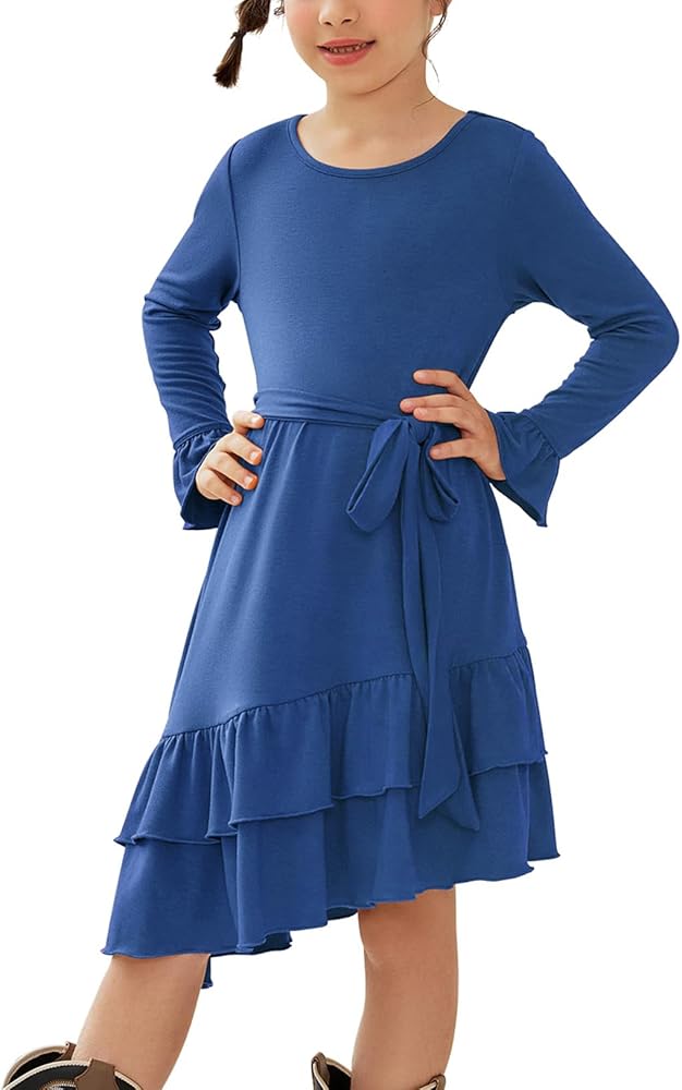 QPANCY Girls Long Sleeve Dresses Round Neck Casual Ruffle Swing Dress with Belt