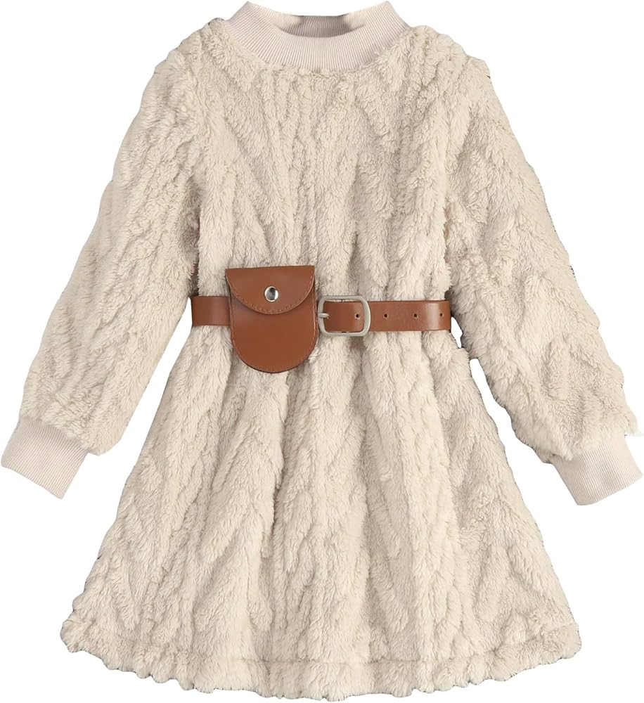 SweatyRocks Girl's Long Sleeve Mock Neck Ruffle Dress Fuzzy Fleece Teddy Midi Dresses with Belt