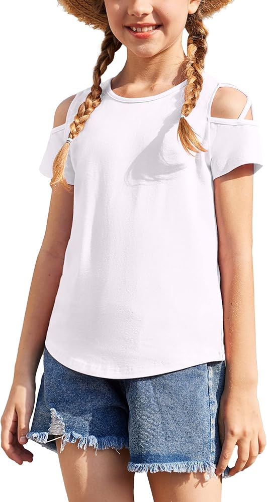 Greatchy Girls Summer Shirts Short Sleeve Crew Neck Criss Cross Cold Shoulder Clothes Tee Tops Blouse for 4-12 Years