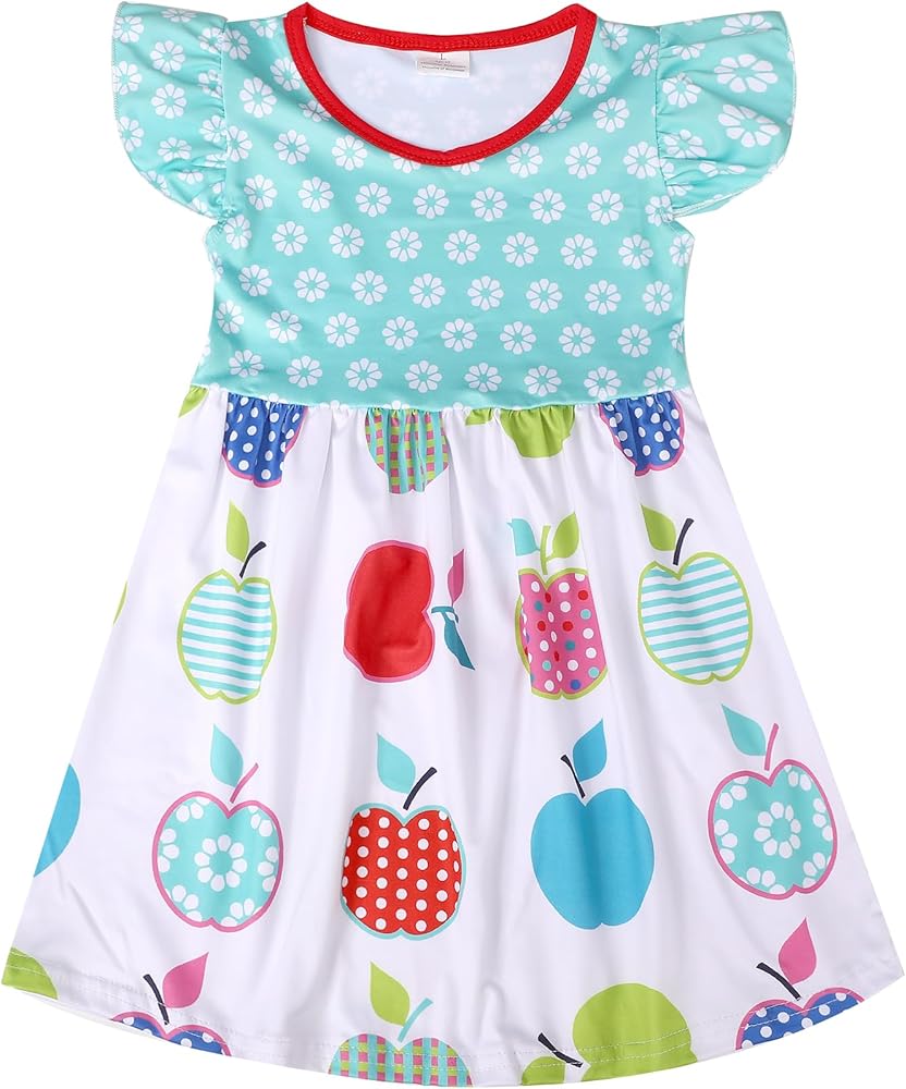 Toddler Girls Back to School Apple Pencil Dress Causal Flutter Sleeve Ruffle Bottom Dress Summer Clothes