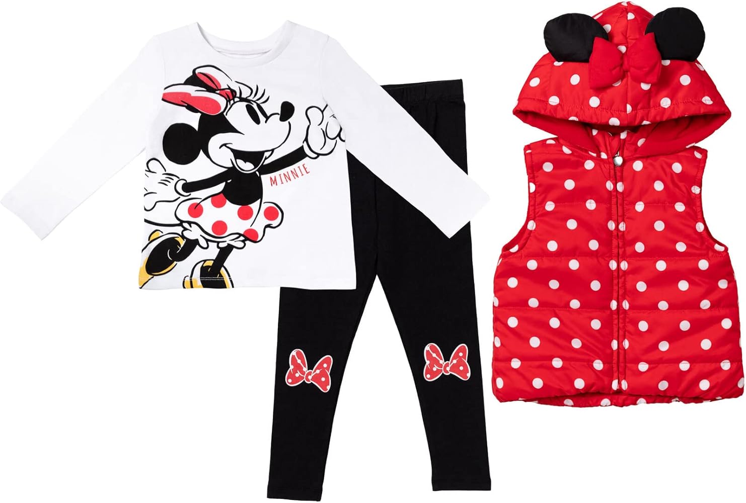 Disney Minnie Mouse Zip Up Vest Puffer T-Shirt and Leggings 3 Piece Outfit Set Infant to Big Kid