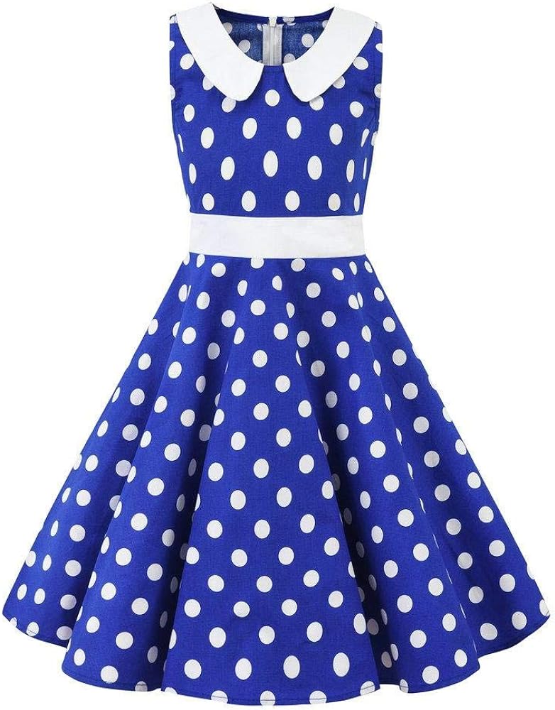 Kids Girls 50s Audrey Vintage Polka Dot Swing Party Rockabilly Dress Retro Peter Pan Doll Collar Wedding Casual Skater Dress