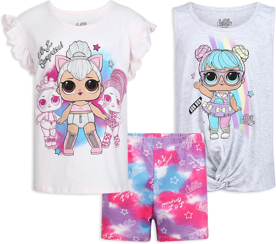 L.O.L. Surprise! MC Swag, Diva and Queen Bee Girls 3 Piece T-Shirt, Tank Top, and Short Set for Big Kids – Pink/Grey