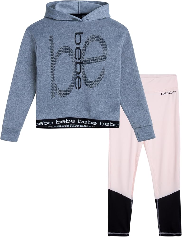 bebe Girls' Active Legging Set - 2 Piece Performance Fleece Hoodie and Ribbed Leggings Set (7-12)