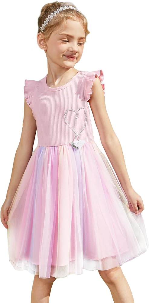 PATPAT Girl's Tutu Dress Ruffle Sleeve Summer Casual Princess Mesh Tulle Dress 3-12 Years