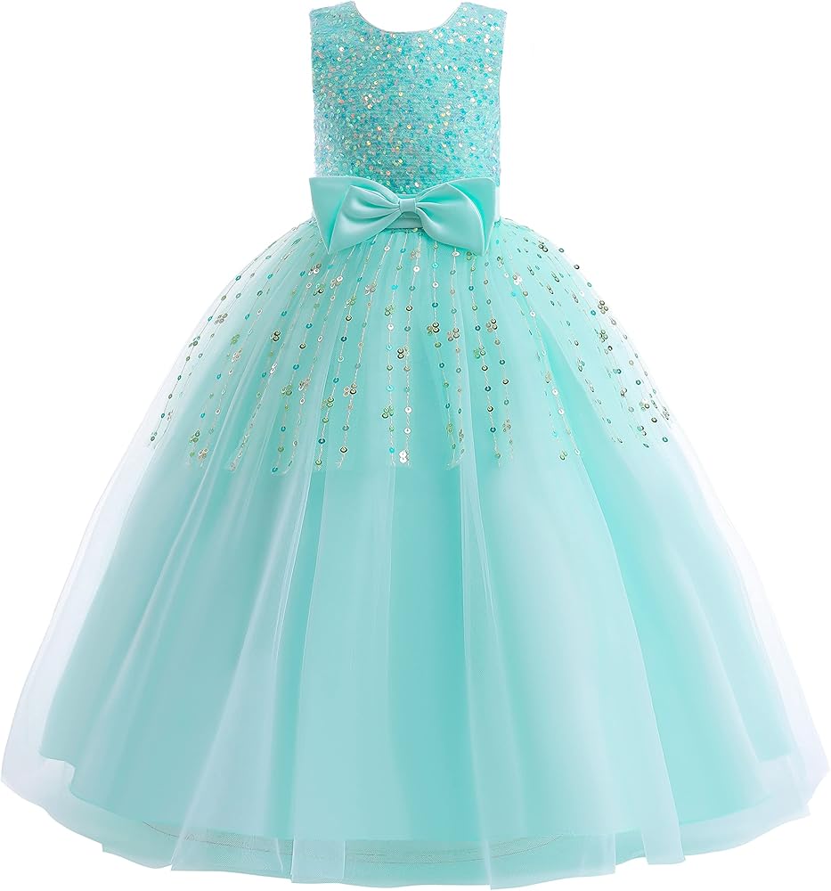 Glamulice Flower Girls Vintage Sequin Dress Long A Line Little/Big Girl Pageant Prom Dresses Bridesmaid Party Ball Gown